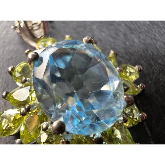 Vintage Blue Topaz & Peridot Sunburst Pendant Necklace – HT Sterling Silver - Picture 11 of 16